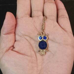The Little Blue Owl Pendant, Long Gold Color  Chain Necklace.